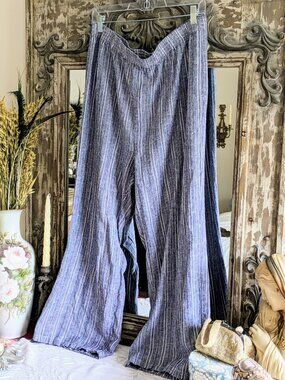 Linda Anderson XL Black Grey Gold Metal Stripe Linen Blend Coastal Grandma Pants